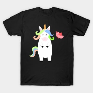 cute Unicorn with bird Cartoon T-Shirt